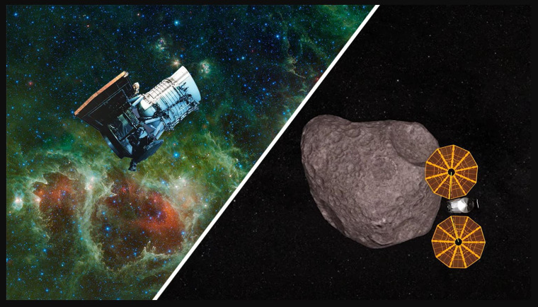 Two artist’s concepts show the WISE spacecraft, left, in front of an image of the infrared sky it observed during its prime mission, and NASA’s Lucy mission, right, during its Nov. 1 encounter with asteroid Dinkinesh.
