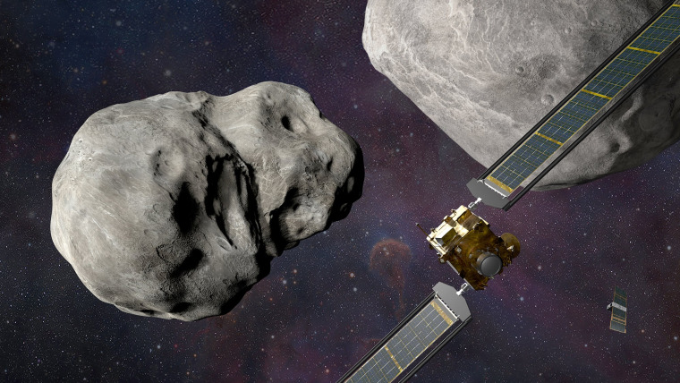 Illustration of the Double Asteroid Redirection Test (DART) mission and its target, Dimorphos, a moonlet of the asteroid Didymos. Credit: NASA/Johns Hopkins APL/Steve Gribben