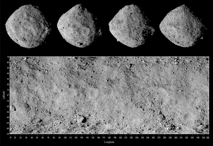 This image shows four views of asteroid Bennu along with a corresponding global mosaic. The images were taken on Dec. 2, 2018, by the OSIRIS-REx spacecraft’s PolyCam camera, which is part of the OCAMS instrument suite designed by UArizona scientists and engineers. NASA/Goddard/University of Arizona
