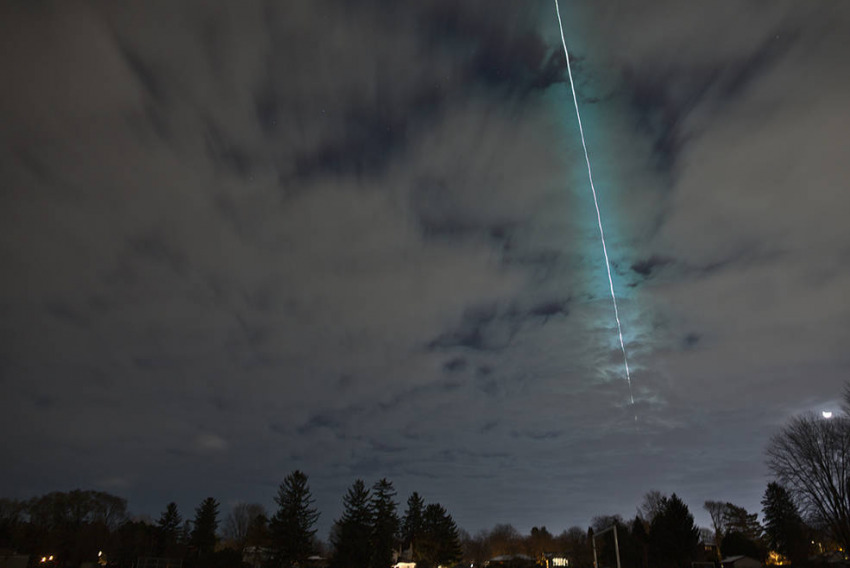 Time-lapse photograph by Robert Weryk his home in London, Ontario, Canada of fireball streaking directly overhead and continued east until it broke up.