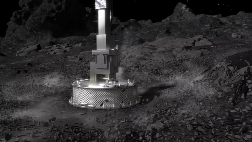The sampler head of the OSIRIS-REx spacecraft works not unlike a reverse vacuum cleaner, designed to collect loose material from the surface of asteroid Bennu on Oct. 20. (NASA/Goddard Space Flight Center)