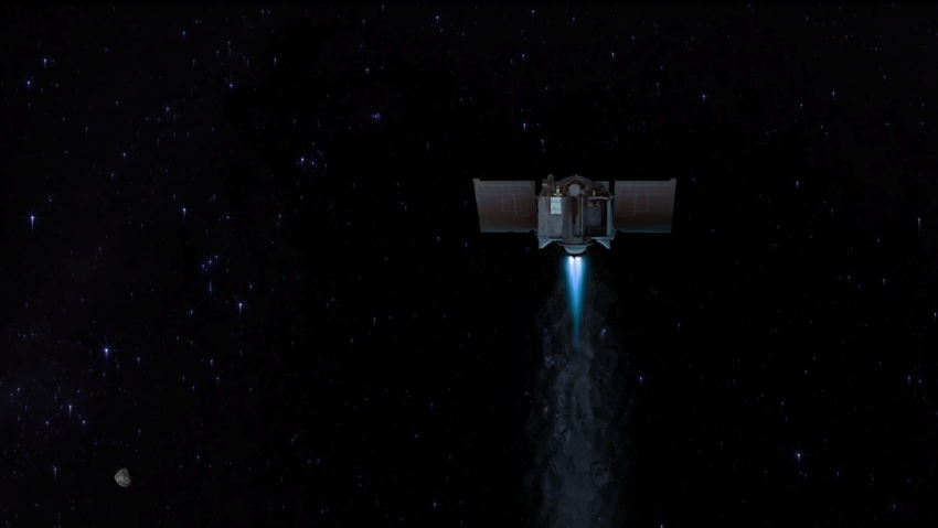 This artist’s concept shows the OSIRIS-REx spacecraft departing asteroid Bennu to begin its two-year journey back to Earth. NASA/Goddard/University of Arizona