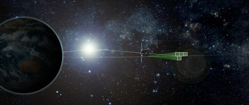 An artist’s rendering of the OSIRIS-REx spacecraft’s survey pattern during its Earth-Trojan asteroid search (not to scale). The search occurs Feb. 9-20 as the spacecraft transits the Earth’s L4 Lagrangian region. (Illustration: Heather Roper/UA)