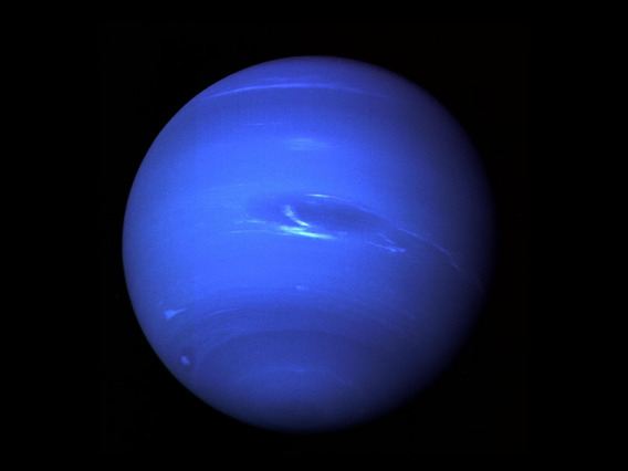 NASA image of Neptune; a dark royal blue with wisps of white clouds surrounding a large storm near the center.