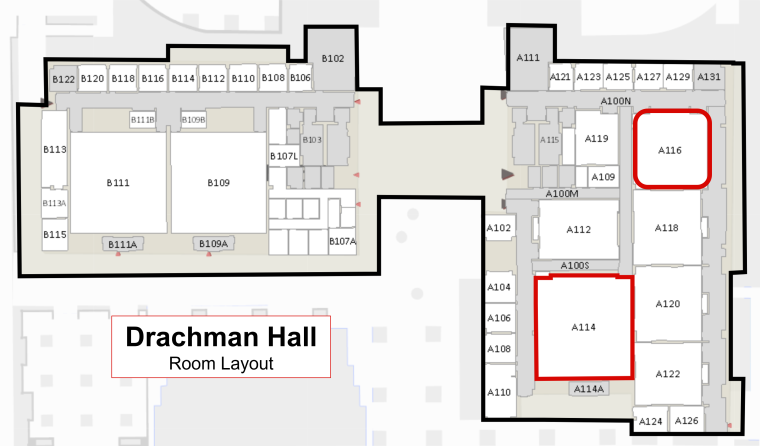 A bird's eye view of Drachman Hall with the rooms labeled. Rooms 114A and 116A (on the East side of the building) are circled.